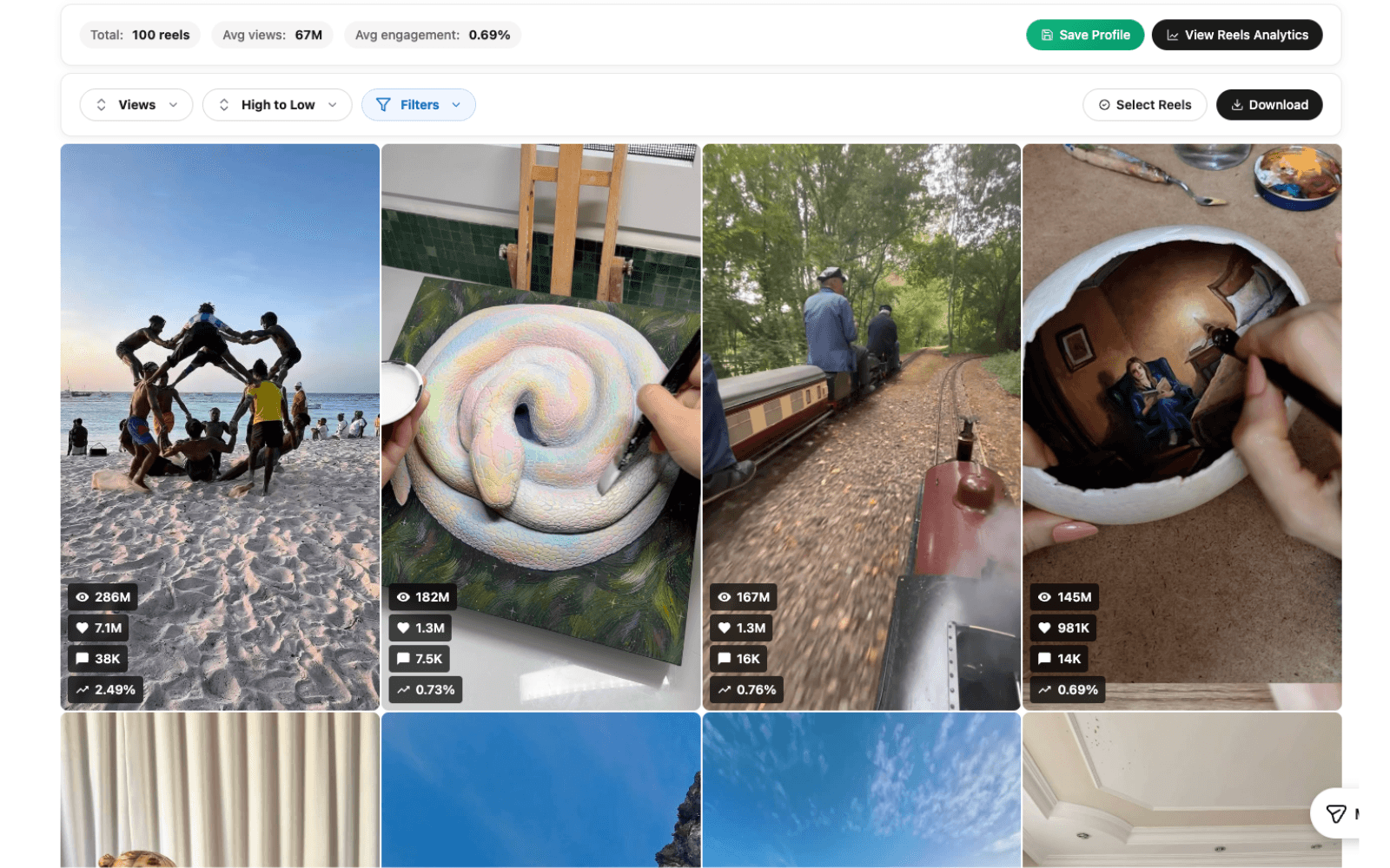 Instagram Reels ranked in the Trendlyst extension with visible views, likes, and comments